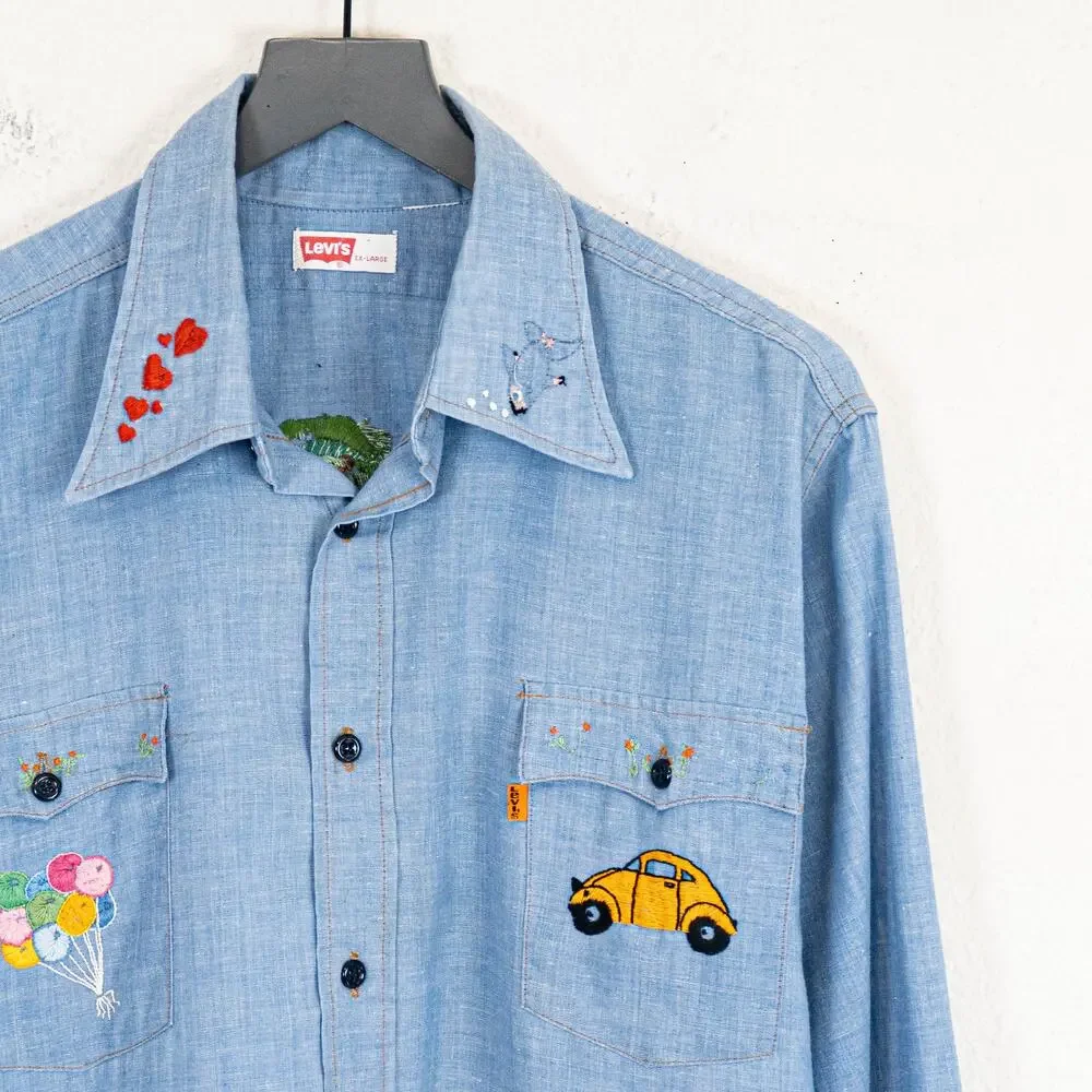 Vintage 70s Levi's Orange tab Embroidered Chambray Shirt blue sz XL